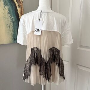 Zara White and Cream Pleated Lace Tee